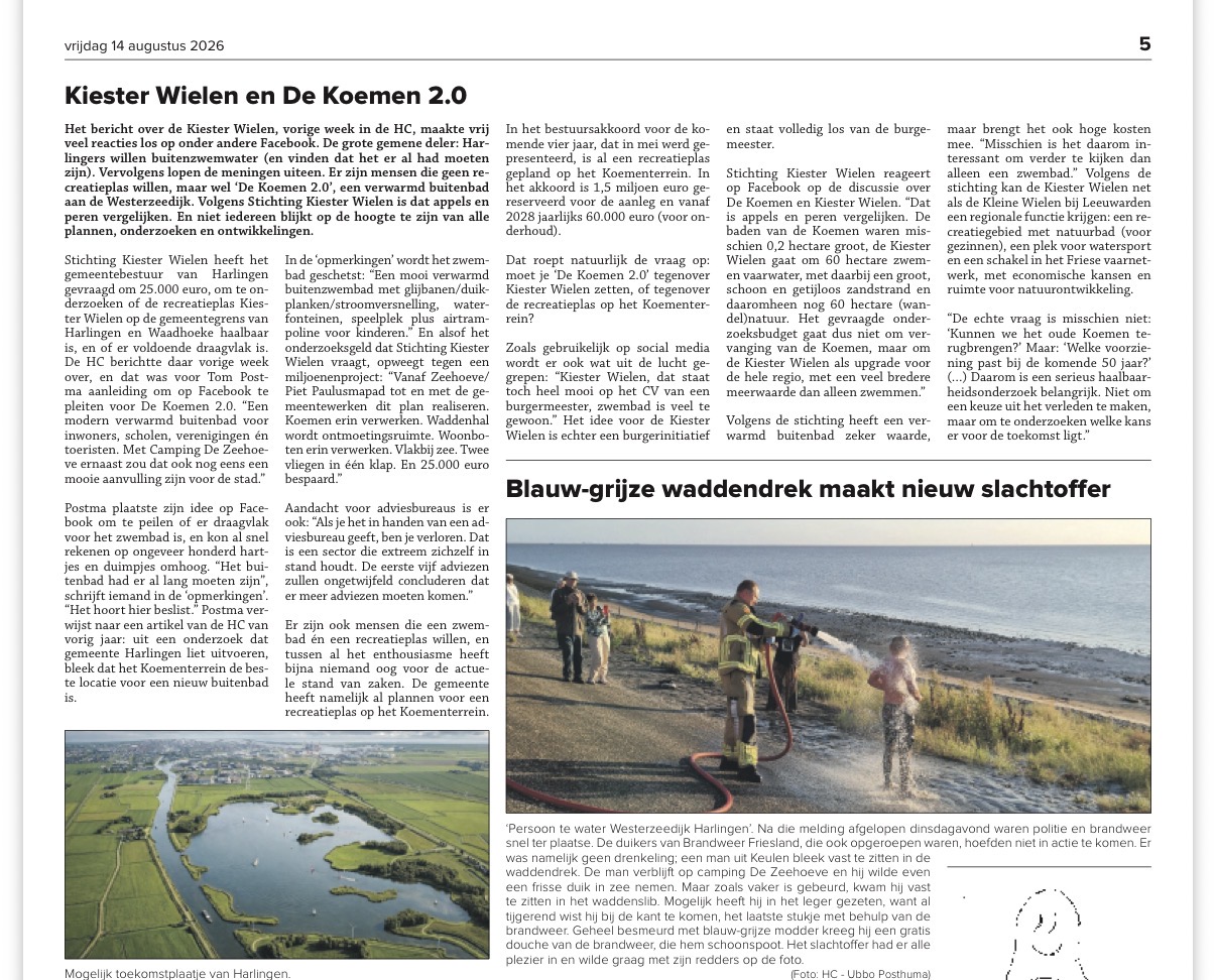 Pagina uit de Harlinger Courant van 14 augustus 2026 met het artikel Kiester Wielen en De Koemen 2.0.