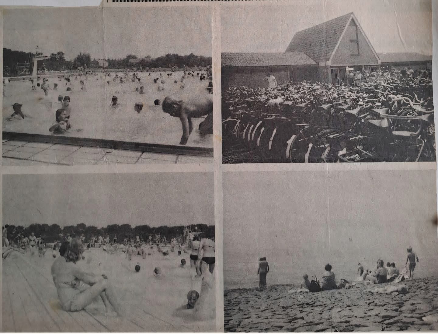 Historische zwart-witcollage met vier beelden van openluchtzwembad De Koemen in Harlingen: zwemmers in het bad, een volle fietsenstalling en bezoekers aan het water.