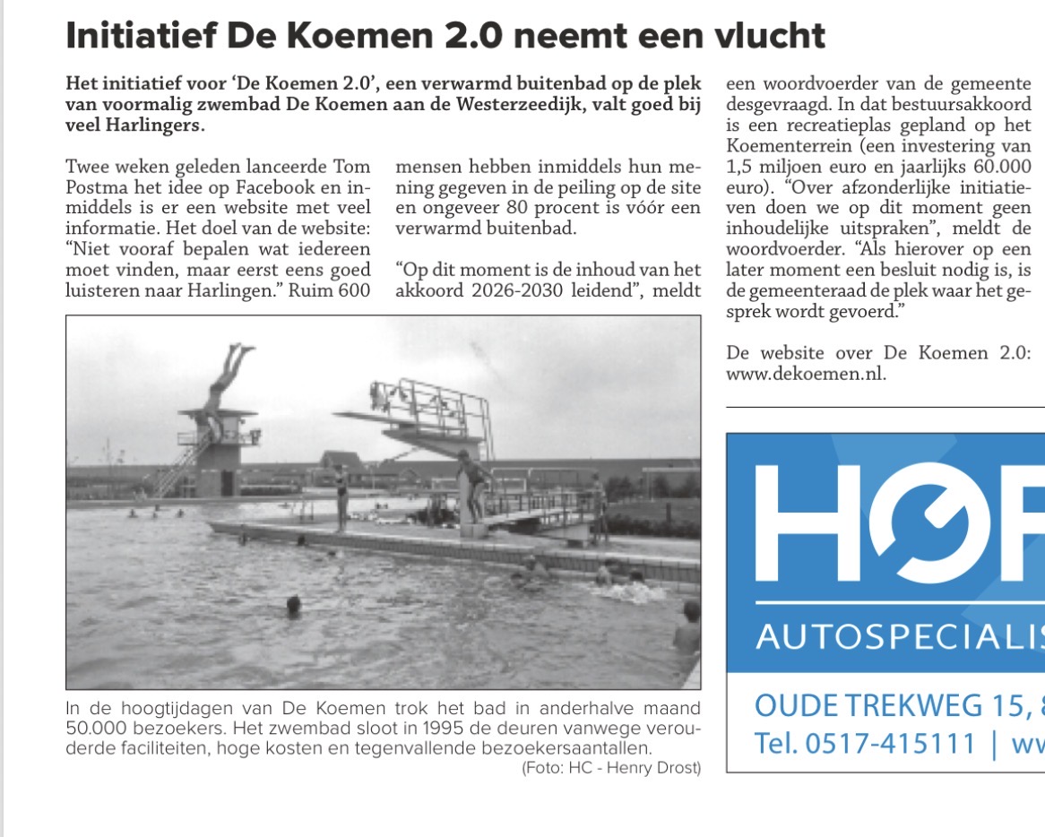 Voorpagina van de Harlinger Courant van 21 augustus 2026 met het artikel Initiatief De Koemen 2.0 neemt een vlucht.